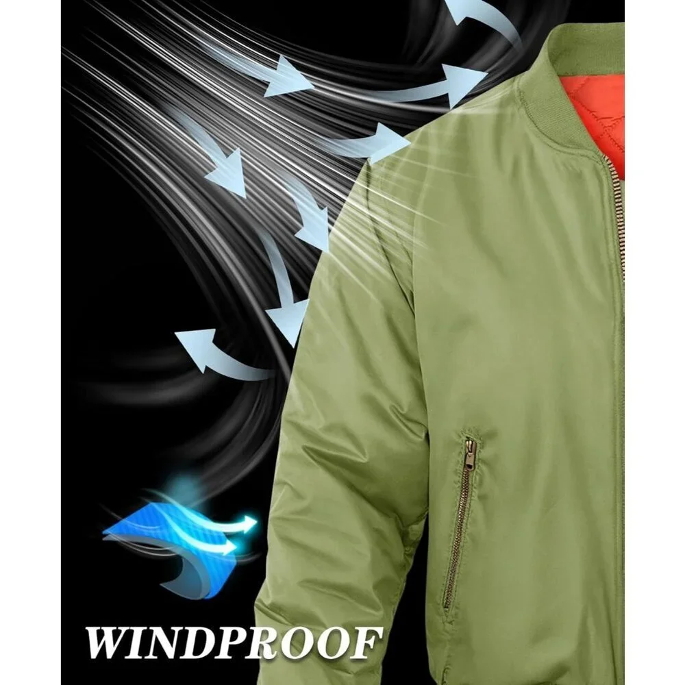 Men's Bomber Jacket Casual Green Winter Warm Coats Zipper Pocket Design Outwear